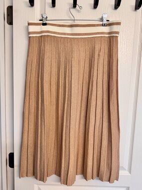Lands' End Camel Pleated Sweater Midi Skirt with Cream Stripe Waistband